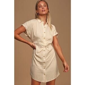 NWT Casual Perfection Tan Striped Twist-Front Shirt Dress Tan White Size Small